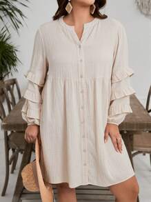SHEIN VCAY Plus Size Women's Beige Linen Shirt Dress,Layered Ruffle Sleeve Boho Cotton Dresses,Autumn Vintage Casual Loose Vacation Holiday Beach Outfits - Apricot - View 6
