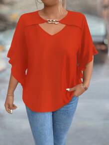 SHEIN Clasi Camisa informal sólida con manga abullonada hueca y decorativa para tallas grandes - Naranja Coral - Ver 1