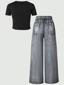 Women's Black Short Sleeve T-Shirt With English Letter & Star Print, Black Pants 2 Pieces Set, Mommy And Me Matching Outfits (Sold Separately)
