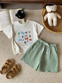Blossori Bộ áo sơ mi và quần short in hình côn trùng thanh lịch cho bé trai, Xuân/Hè - Nhiều màu - Xem 1