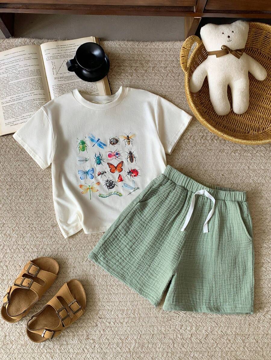 Blossori Bộ áo sơ mi và quần short in hình côn trùng thanh lịch cho bé trai, Xuân/Hè - Nhiều màu - Xem 1