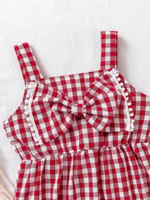 SHEIN Mono Mono para bebé niña con volantes y lazo a cuadros rojos, para verano