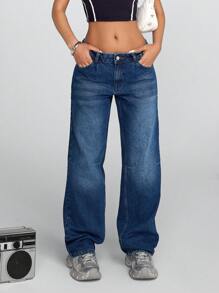 SHEIN Cottnline Low Waist Washed Straight Leg Jeans Y2k Summer - Medium Wash - View 6