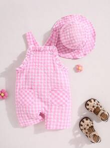 SHEIN Playful Pals Bộ đồ liền thân kẻ caro thường ngày cho bé gái, mùa hè - Hồng - Xem 1