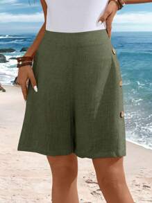 EMERY ROSE Plus Size Button Decor Minimalist Casual Shorts, Suitable For Commuting & Everyday Wear Spring Vacation Linen - Army Green - View 3