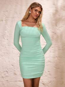 Glamine Robe décontractée à manches longues et col carré de couleur unie, adaptée pour l'été