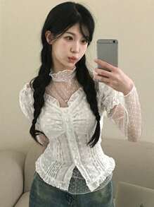 DAZY Áo cánh trễ vai viền bèo nhún cài đơn thời trang thu đông cho nữ - trắng - Xem 4