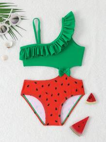 SHEIN Young Girl's Summer Resort Beach Contrast Color Splice Ruffled Hollow One-Piece Swimsuit Bathing Suits For Girls Kids - Multicolor - View 3