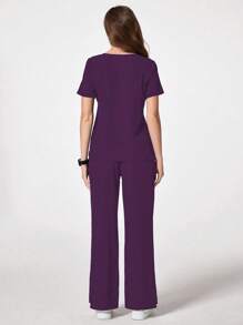 TaskEZ Simple Solid Color V-Neck Short Sleeve Scrub Uniform Set, Suitable For Summer - Purple - View 2