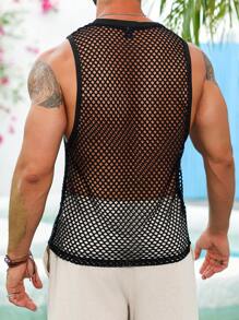 VENTUSAIL Men's Summer Solid Color Mesh Round Neck Sexy Tank Top, Men Tank Top, Holiday - Black - View 2