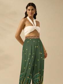 CAJUNI 热带复古印花休闲阔腿加长女裤，适合海滩/度假