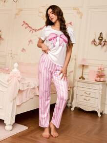 甜美蝴蝶结和条纹印花女士睡衣套装蝴蝶结 - 粉色 - 查看 5