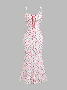 Sweetra French Style Lace Print Knitted Bodycon Mermaid Hem Dress For Women, Summer - Multicolor - View 1