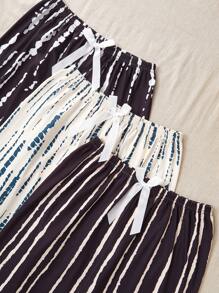 SHEIN 三件套休闲不对称条纹印花裤，带蝴蝶结装饰，秋冬服装 - 彩色 - 查看 5