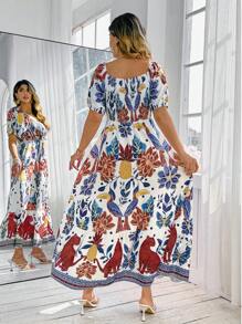 KURAYIA Plus Size Women's Floral Print Elegant Puff Sleeve Square Neck Shirred Waist Maxi Beach Holiday White Summer Boho Party Dress,Holiday - Multicolor - View 2