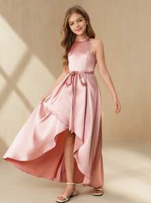 SHEIN Tween Girls Solid Color Asymmetric Hem Knotted Waist Elegant Party Dress