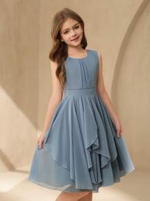 SHEIN 女孩中大女孩飘逸雪纺不对称下摆短裙，花童选美婚礼派对生日活动' - 藍色 - 查看 4