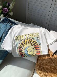 SHEIN EZwear Camiseta crop sol & con estampado de letra de hombros caídos
