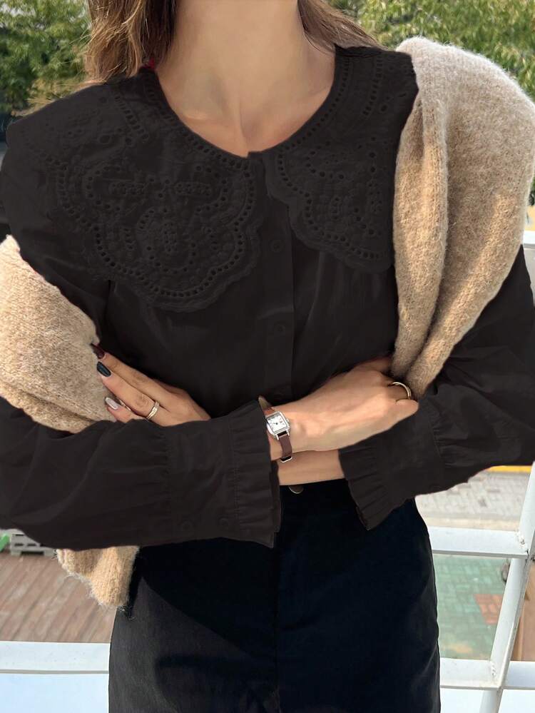 Contrast Schiffy Statement Collar Flare Sleeve Blouse Long Sleeve Top