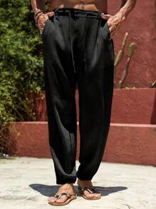 Manfinity RSRT Men's Solid Color Drawstring Waist Pocket Casual Jogger Pants - Black - View 3
