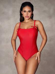 SHEIN Swim Tummy Control Princess Seam One-Piece Swimsuit For Women For Summer Beach Vacation - Red - View 6