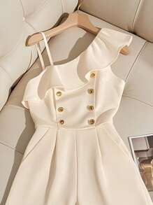 Franclia Women's Elegant Ruffle Trim Button Decor Jumpsuit For Summer - Apricot - View 3