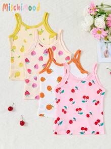 4pcs Young Girl Cute Floral, Heart, Star Print Camisole Underwear Set