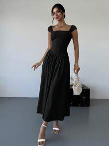 Firerie Vestido largo de corte evasé con cuello cuadrado, mangas abullonadas y detalles de lazo. Elegante y adecuado para citas, primavera/verano