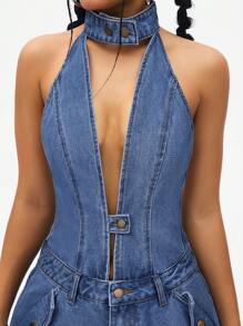 SHEIN ICON Street Style Deep V-Neck Raw Denim Jumpsuit For Women