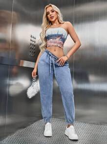 SHEIN SXY Women's Casual Blue Denim Jeans: Long, Relaxed Fit With Drawstring Waist And Pocket Details