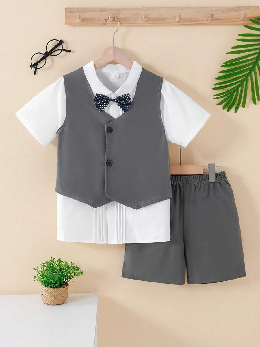 4-Piece Outfit For Tween Boys: Solid Color Striped Shirt, Polka Dot Bowknot, Sleeveless Vest, And Trousers/Shorts, Suitable For Formal Occasions Like Birthday, Wedding, Graduation Etc. Or Casual Wear
