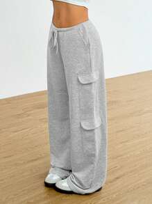 Muchica Women's Light Grey Knitted Fabric Long Sweatpants With Pockets And Drawstring Waist - Light Grey - View 5