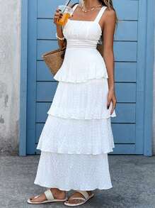 SHEIN VCAY Váy dây họa tiết trơn màu thanh lịch cỡ lớn, mùa hè - trắng - Xem 4