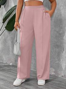 SHEIN PETITE CURVE Plus Size Pink Woven Fabric Casual Long Pants With Zipper Detail For Effortless Everyday Style  For Vacation Teacher Outfits For Women