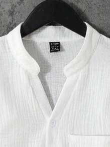 Camisa casual de manga corta y cuello liso de color blanco para hombres, con cierre de botones y punto de canalé, para uso cotidiano en primavera/verano