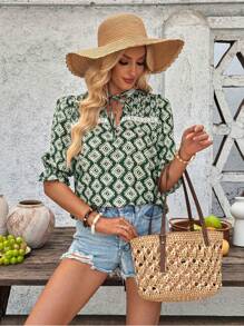 SHEIN LUNE Camicia casual smanicata abbottonata, con stampa geometrica, ampia, da donna