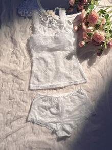 2pcs Women Lace Camisole Sexy Lingerie Set - White - View 6