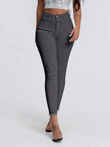 SHEIN SXY Quần Jeans Ôm Vừa Màu Trơn Thường Ngày - Xám - Xem 3