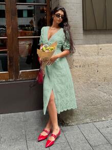 Serisse Women Solid Color V-Neck Midi Dress With Short Sleeves, Fashionable For Summer Sage Green Dress,Bodycon Dress Elegant Evening Dress - Green - View 12