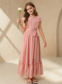 SHEIN Nuevo vestido de gasa elegante para niñas para recital de piano/actuación de orquesta, vestido largo para competencia de violín - Rosa - Ver 7