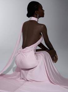 Elitara Elegant Light Pink Luxury Elastic With Scarf Tie Fringe Cup Sexy Backless Twist Mermaid Tail Dress, Suitable For Date, Beach Vacation, Birthday Party, Graduation, Wedding, Gala, Formal, Gown, For Evening, Wedding Guest