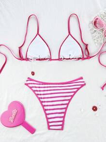 SHEIN Swim Women's Striped Ombre Textured Fabric Print Tie-Front Triangle Bikini Set, Vacation Beach For Summer - Hot Pink - View 2