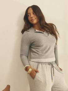 Aralina Curve Ribbed Button Front Long Sleeve Casual Spring Outfits Women Top - Light Grey - View 1