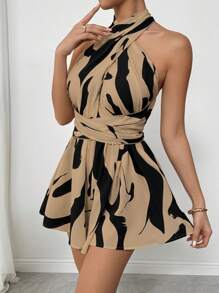 Chiquease 1pc Women's Line Print Cross-Wrap Playsuit Romper, Vacation Wear - Coffee Brown - View 4