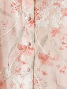 GlowEve Áo sơ mi vải dệt in họa tiết cổ tròn đính hạt ngọc trai tay ngắn cài nút viền thun rộng rãi thoải mái đa năng cho nữ - Hồng - Xem 4