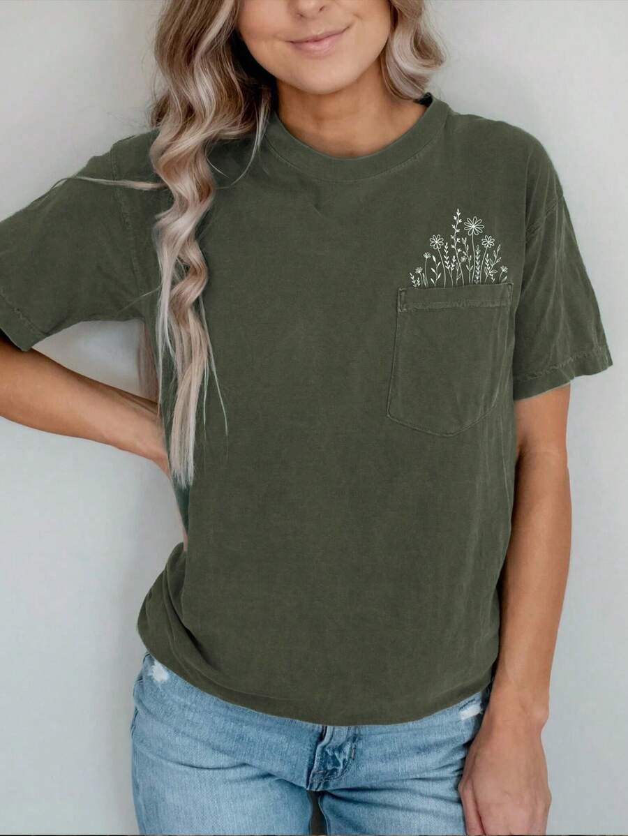 花卉口袋衬衫、花卉 T 恤、花卉上衣、植物图案衬衫、花卉上衣、自然爱好者衬衫、女式上衣、女式 T 恤 - 橄欖綠 - 查看 1