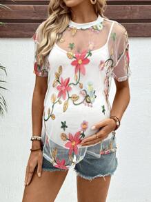 SHEIN White Floral Embroidered Sheer Knitted Maternity T-Shirt: A Stylish And Comfortable Short Sleeve Top With A Round Neck And Regular Hem, Perfect For Casual Wear During Pregnancy. - White - View 3