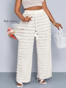 Maweii 大码女式纯色春夏度假时尚蕾丝面料流苏绳宽松阔腿裤，时尚长裤