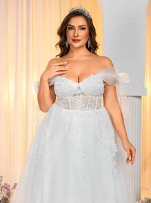 SHEIN Belle 加大码露肩透视领贴花薄纱蓬松连衣裙，优雅奢华浪漫婚纱，新娘 - 白色 - 查看 2