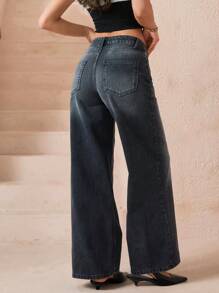 SHEIN Cottnline 休闲水洗复古低腰直筒牛仔裤 - 灰色 - 查看 2